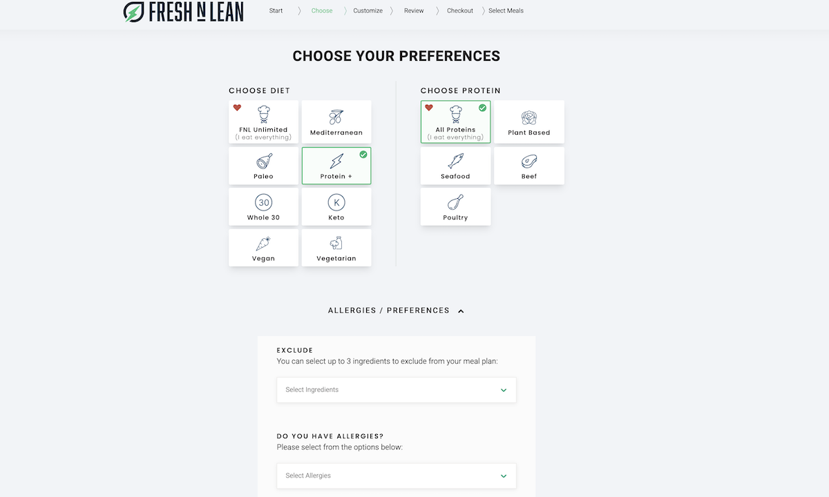 Screenshot of the preference selection for Fresh N Lean on the website.