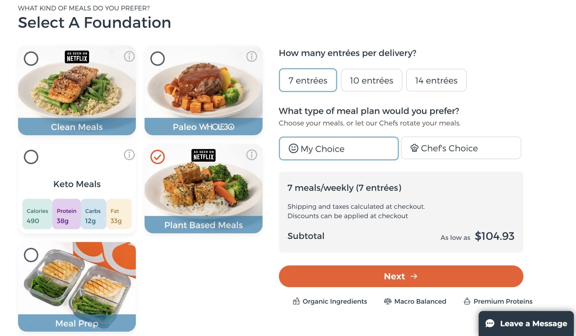  Screenshot of Trifecta order page displaying meal plan choices and the number of meals you want delivered each week.
