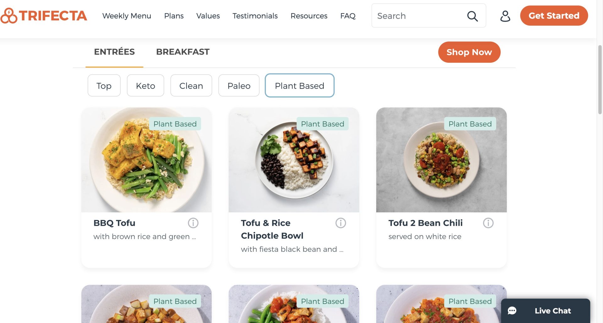 A screenshot of the desktop view of Trifecta’s plant-based meal plans for the week. 
