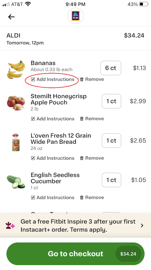 Screenshot of an Aldi grocery list on the Instacart app