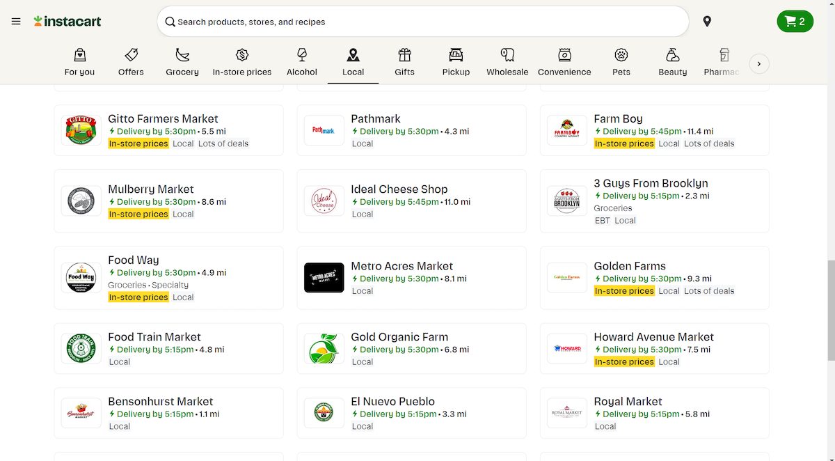 Screenshot from the Instacart website shows some of the local stores available to Instacart users in Brooklyn, New York.]