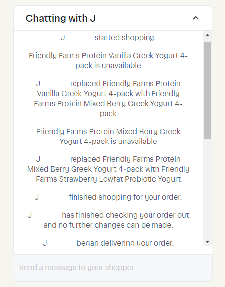  Screenshot of an Instacart chat log between the shopper and the user.
