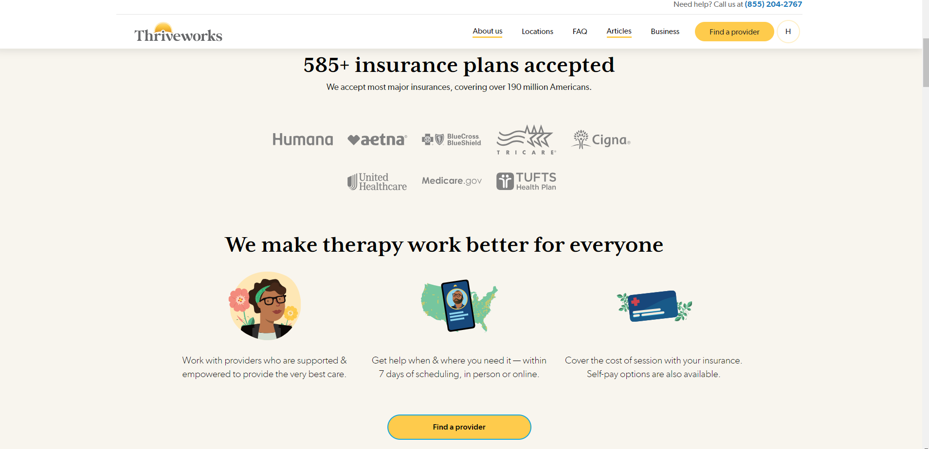 A screenshot of Thriveworks online therapy insurance information page.