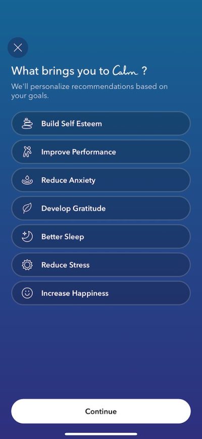 The Calm app asks “What brings you to Calm?
