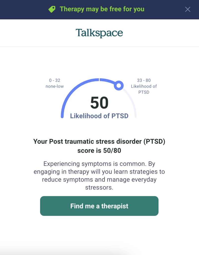 Screenshot of post-traumatic stress disorder score from Talkspace