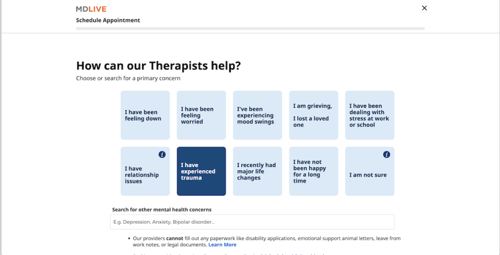 MDLive scheduling page with multiple options to choose why you’re seeking mental health support, with the words “How can our therapists help?”