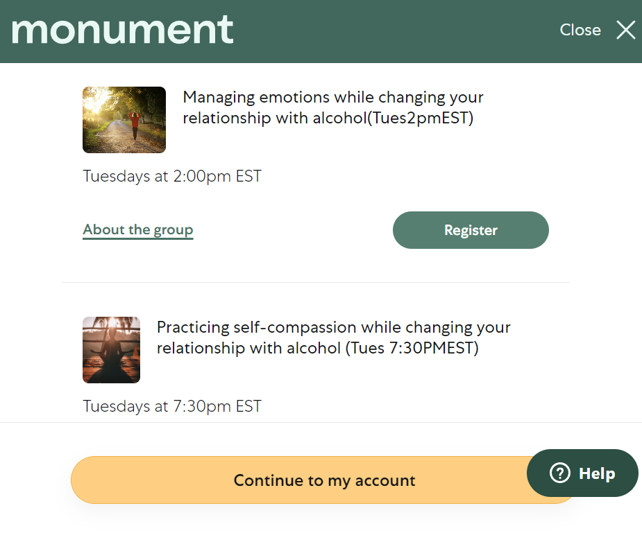 A page on the Monument platform displaying group sessions you can attend for alcohol abuse. 