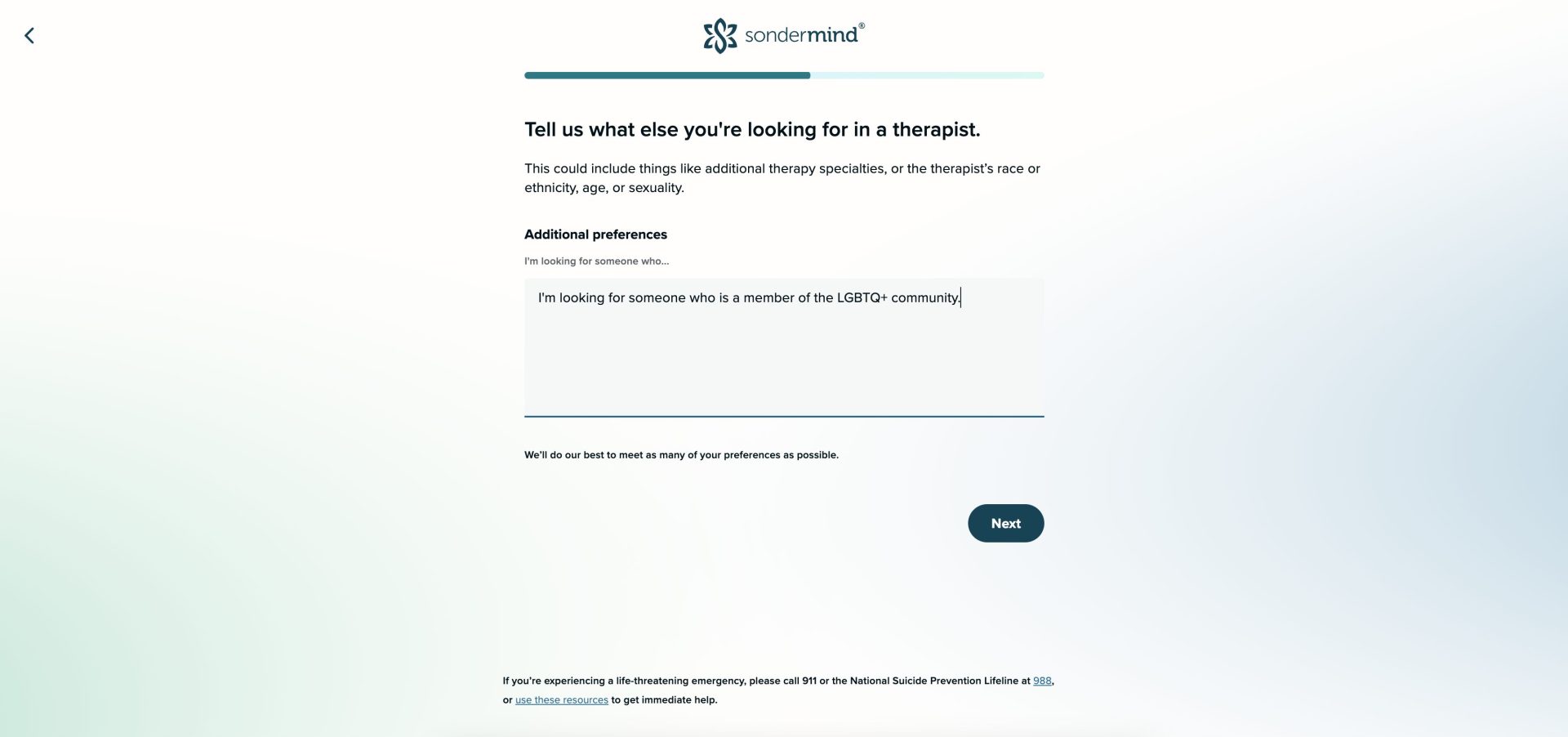 Intake questionnaire question about what we were looking for in a therapist during the sign-up process. 