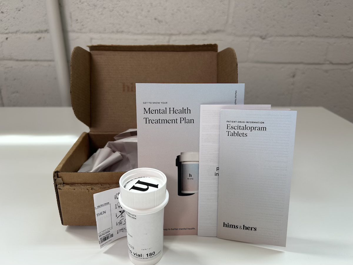 Hims mental health medication delivery box and literature.
