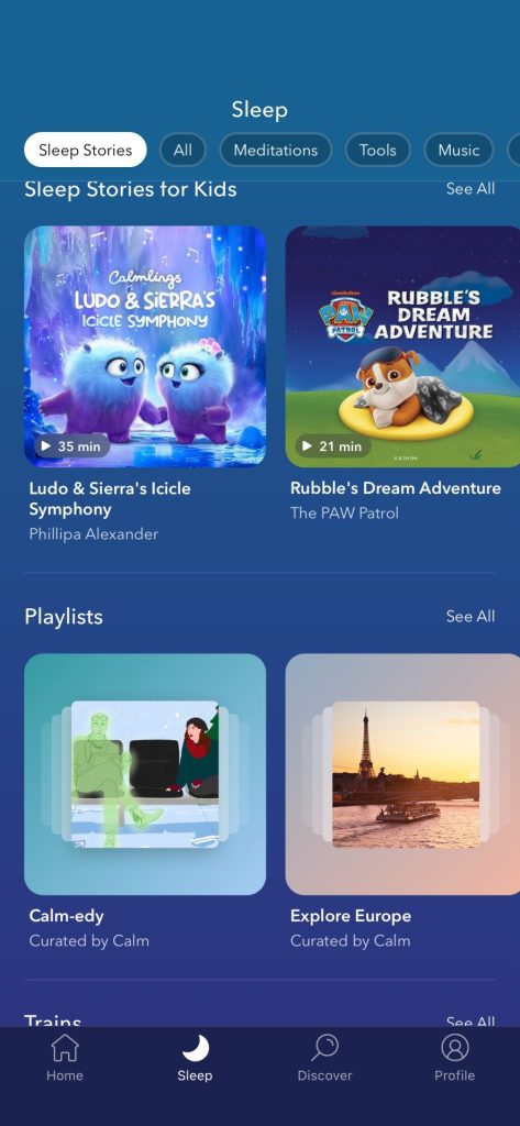 Calm app sleep section, showing sleep stories for children. 