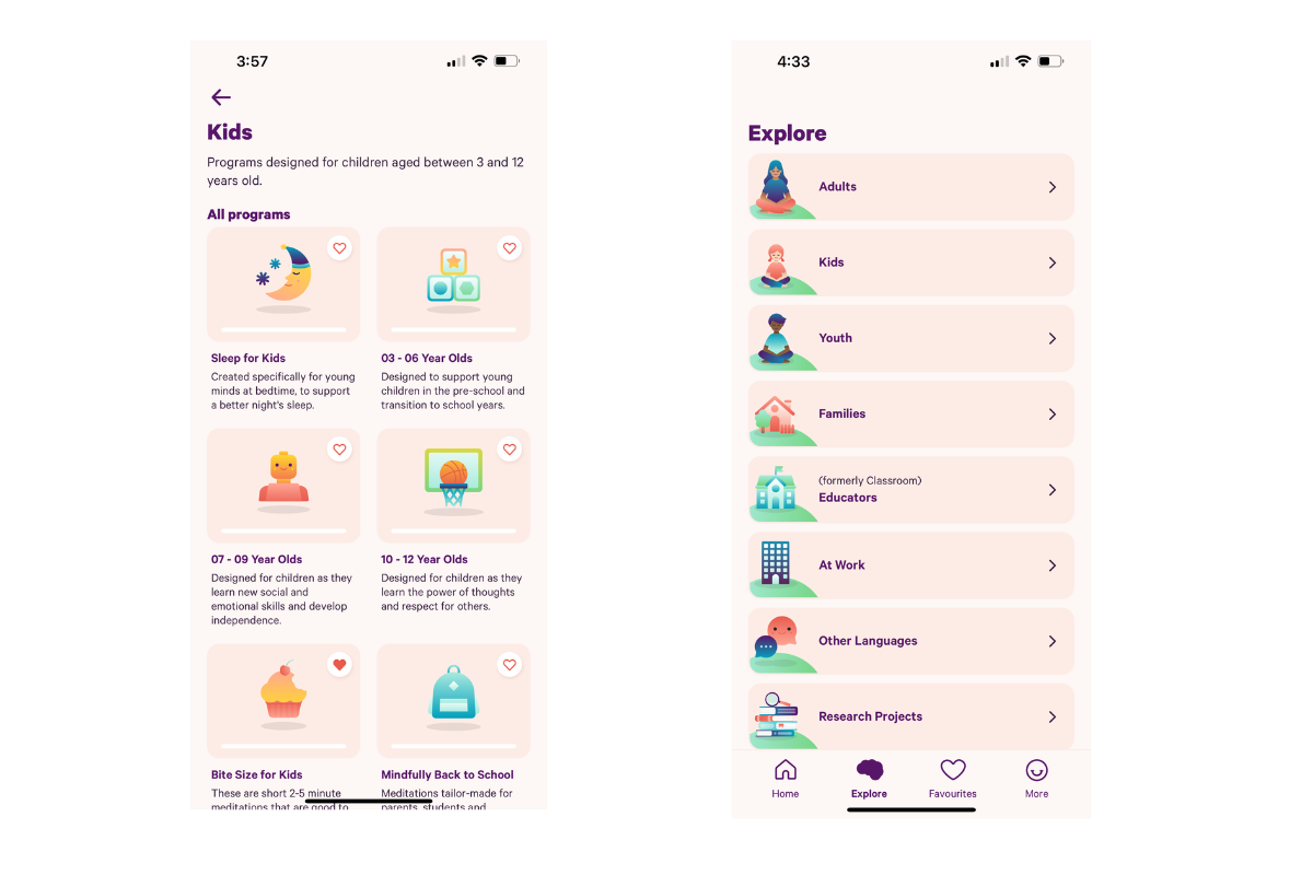 Smiling Mind app interface, with content organized by age.