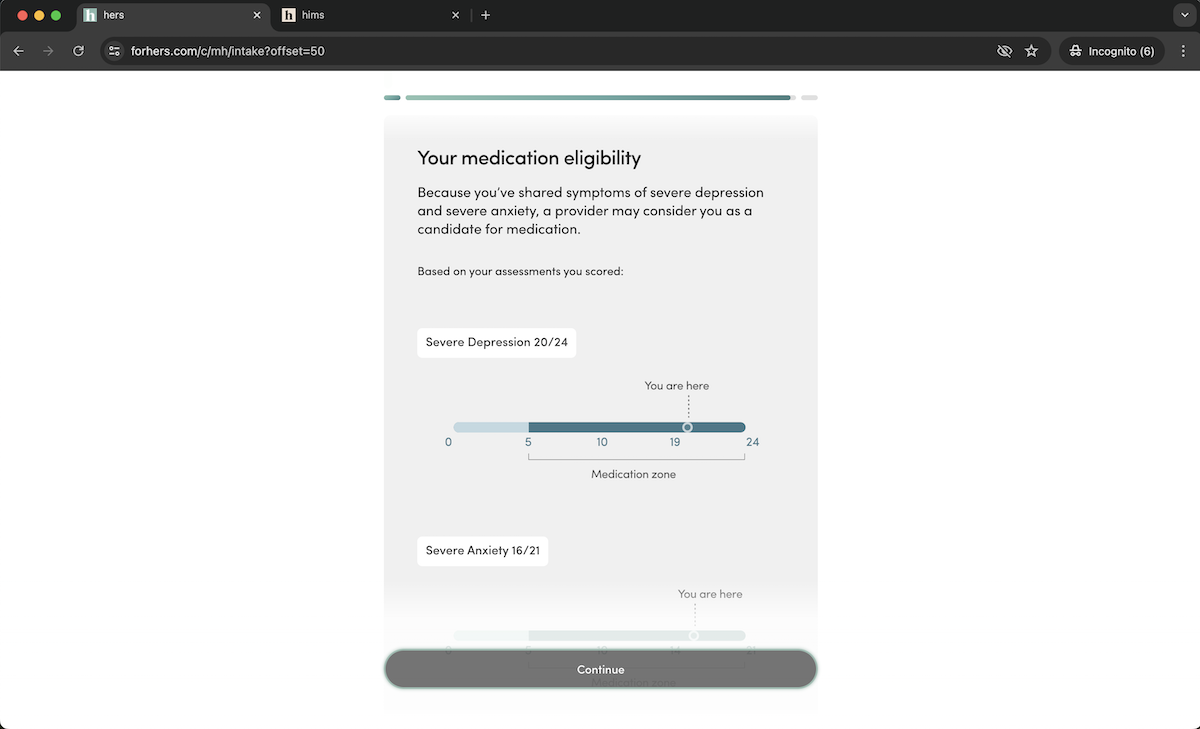 A screenshot of the mental health assessment and medication eligibility results from Hers.
