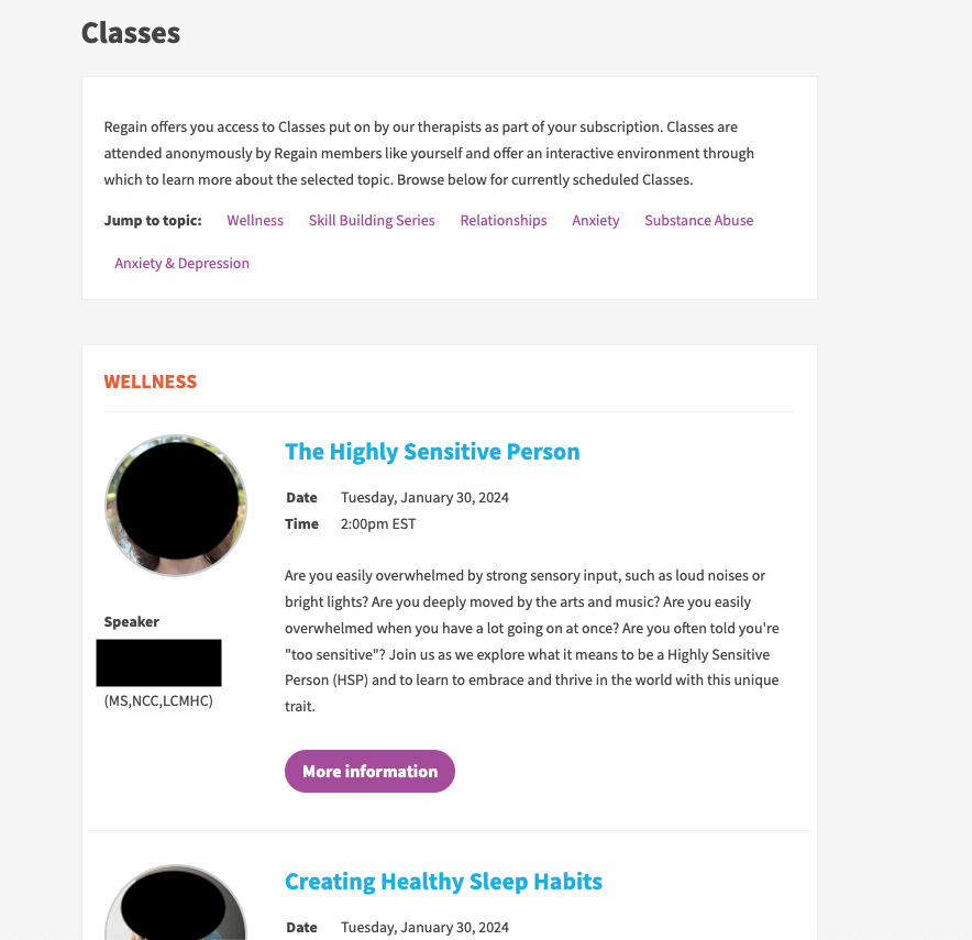 A list of classes offered by Regain.