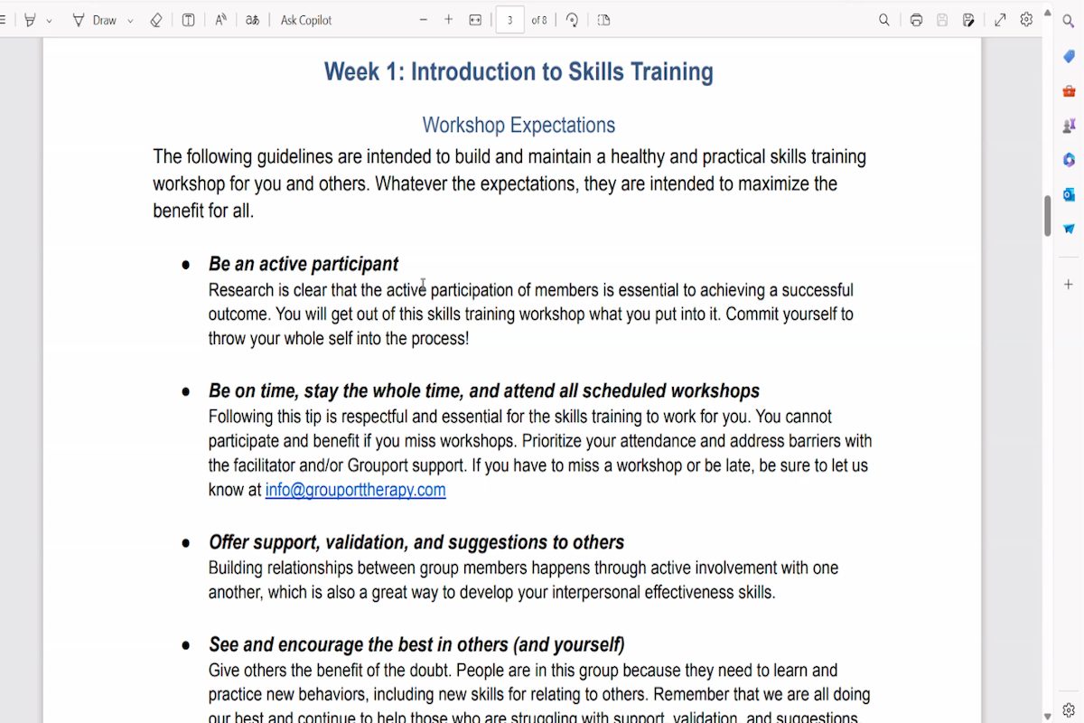 A document outlining the introduction to skills training workshop expectations on Grouport.
