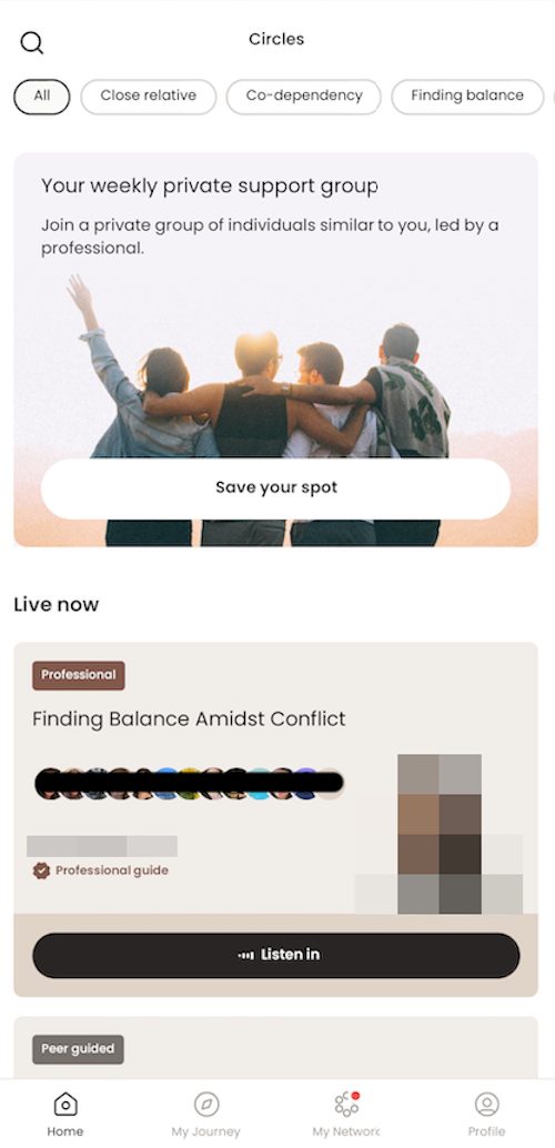 The Circles app showing live sessions and an invitation to a private group.
