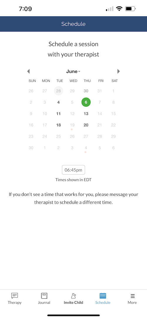 A screenshot of the scheduling calendar in the TeenCounseling app.