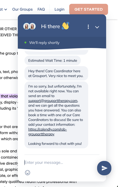 Screenshot of a Grouport live chat taken from the chat tool on its website.
