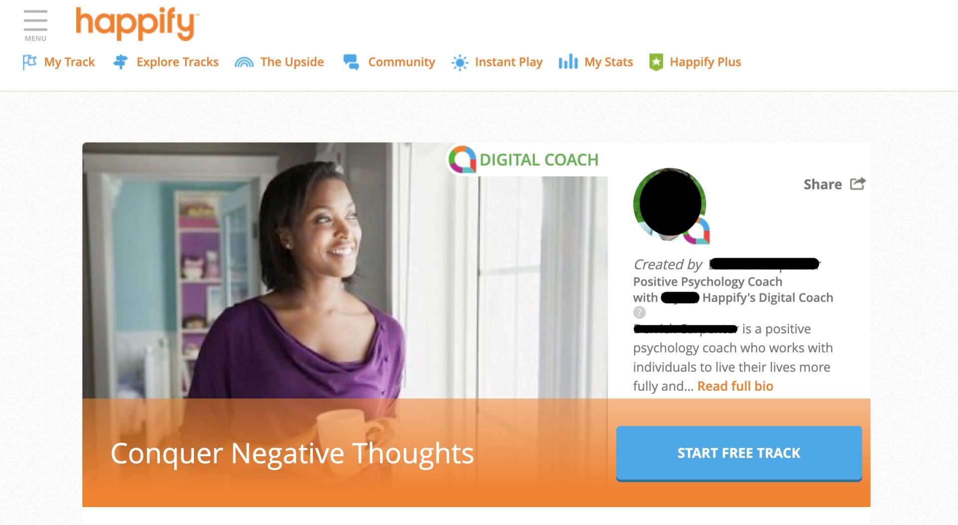 The Happify desktop screen showing 
a description of the free track called "Conquer Negative Thoughts." 