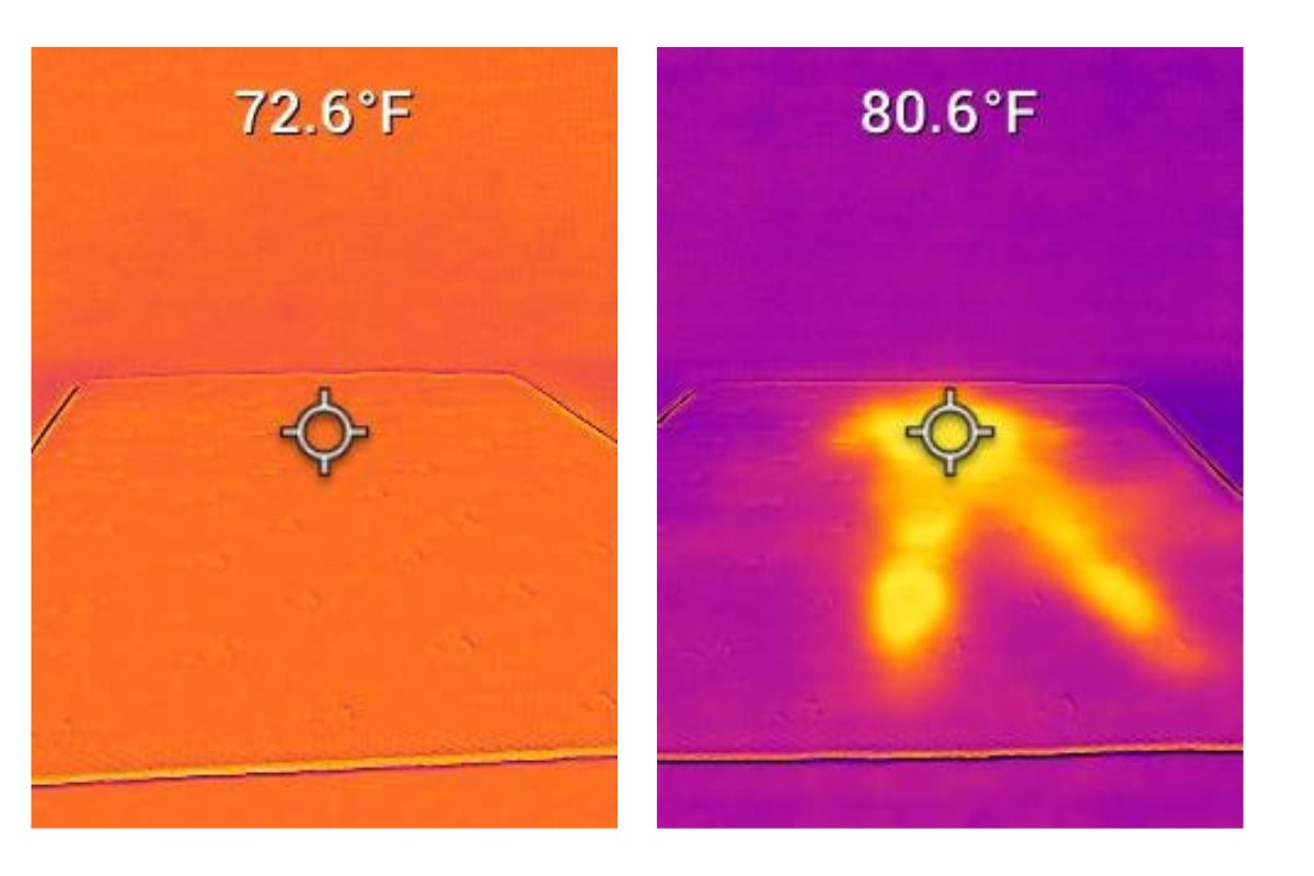 Infrared before-and-after images showing initial temperature reading (72.6 degrees) and temperature reading after tester rested on mattress for five minutes (80.6 degrees).