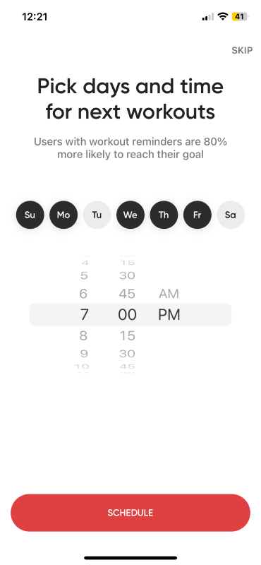 A screenshot of workout scheduling on the BetterMe app.