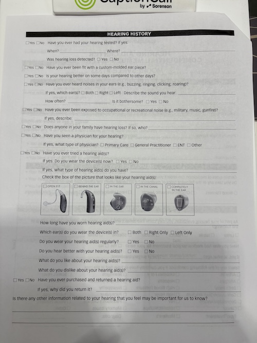 The Costco Hearing Centers hearing history form.