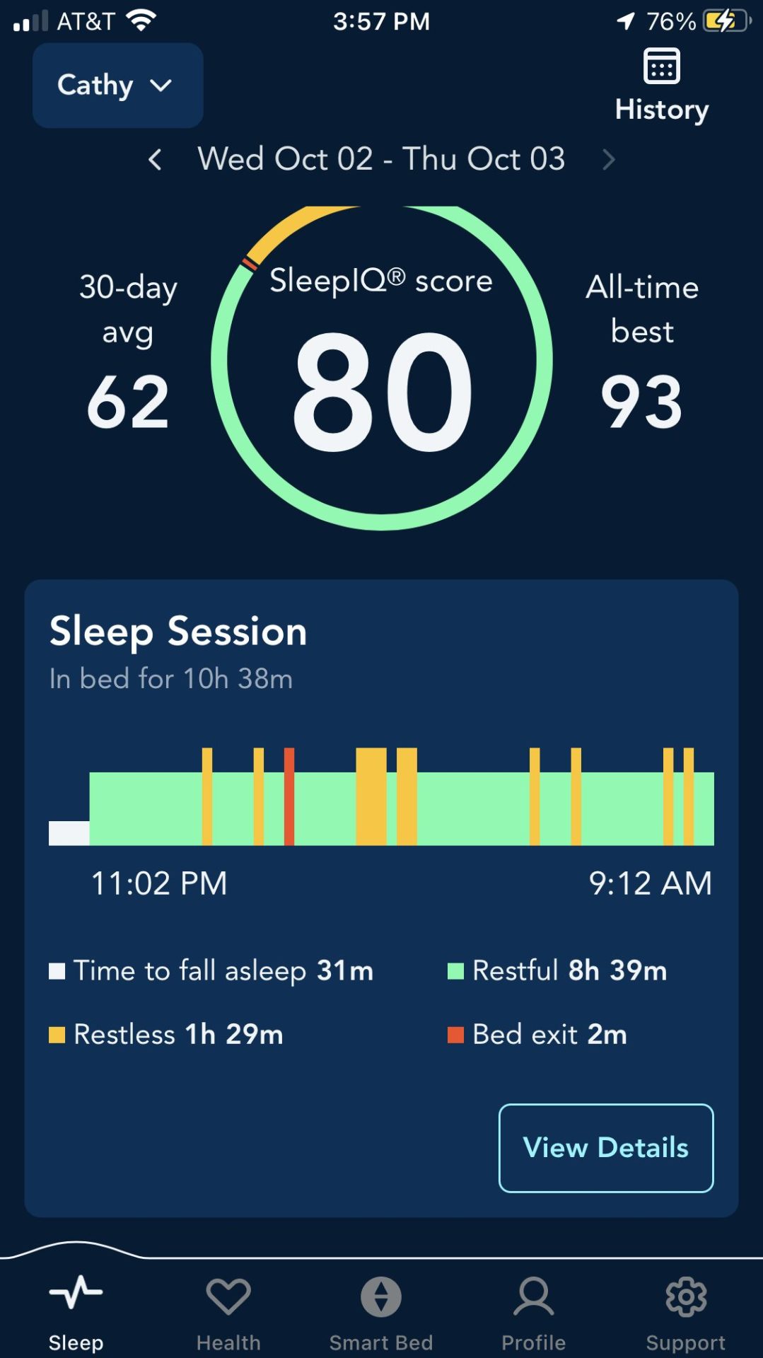 Screenshot of SleepIQ app. 